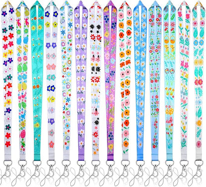 Marspark 14 Pcs Seasonal Holiday Lanyards for ID Badges Spring Easter Lanyards Floral Keychains Bulk Flower for Spring Seasonal Teacher Office Supplies