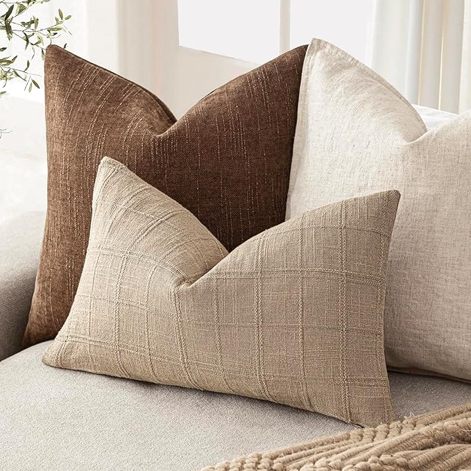 Foindtower Set of 2 Decorative Linen Check Throw Pillow Covers Neutral Farmhouse Lumbar Cushion Covers Modern Coastal Boho Home Decor for Sofa Chair Couch Bedroom Living Room Outdoor,12×20 Inch,Camel