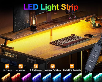 ODK 48 Inch Gaming Desk with USB Charging Ports and LED Lights, Reversible L Shaped Computer Desk with Storage Shelves & Monitor Stand, Corner Home Office Desk Table with Power Outlets, Vintage