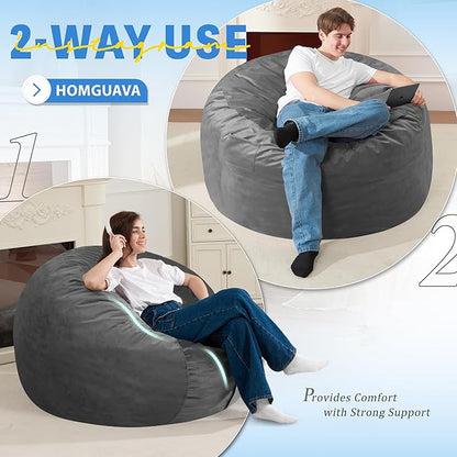 Homguava 3FT Bean Bag Chair: 3' Bean Bags with Memory Foam Filled, Large Beanbag Chairs Soft Sofa with Dutch Velvet Cover-Grey