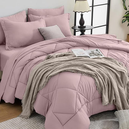 HEVUMYI Rose Gold Full Comforter Set - 7-Piece All Season Bed in a Bag Full, Ultra Soft Bedding Set with Comforter, Flat Sheet, Fitted Sheet, Pillowcases, Pillow Shams