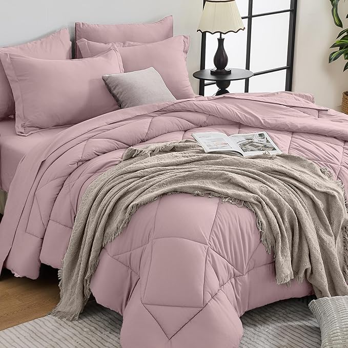 HEVUMYI Rose Gold King Comforter Set - 7-Piece All Season Bed in a Bag King, Ultra Soft Bedding Set with Comforter, Flat Sheet, Fitted Sheet, Pillowcases, Pillow Shams