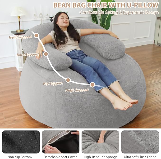 HABUTWAY Bean Bag Chair with U-shaped Pillow for Adult and Kids Big BeanBag Chair with Filling Ultra Soft Faux Fur Couch Chair with Washable Cover for Living Room Bedroom Office,Light Grey& Light Grey