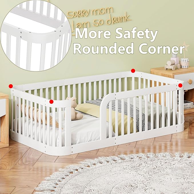 Bellemave Twin Floor Bed with High Fence and Rounded Corner Design, Wood Montessori Floor Bed with Guardrail and Entrance, Easy Assemble Montessori Bed Twin Size, White