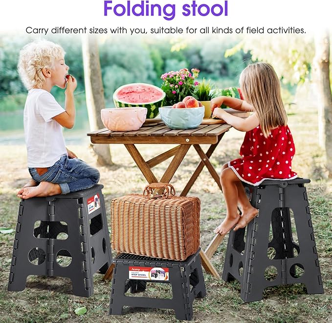 ACSTEP 17.5 Inch Folding Step Stool for Adults and Kids, Non-Slip Plastic Foldable Stepping Stool, Collapsible Folding Stool with Handle Holds Up to 400lbs for Kitchen, Dot Grey (1 Pack)