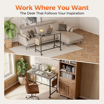 Rolling Computer Desk with Wheels, Gaming Desk for Small Spaces, Modern Simple Style Table for Home Office, Study Writing Table (Caster, Stone Gray, 40 inch)