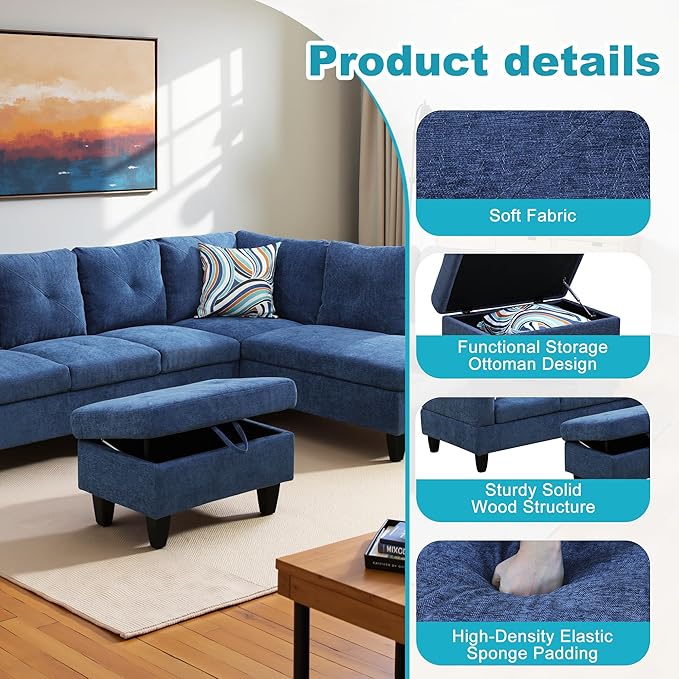Couches for Living Room Modern L Shaped Couch Comfy Linen Fabric 3 Pieces Sectional Sofa with Chaise, Ottoman with Storage for Office and Small Apartment, Blue