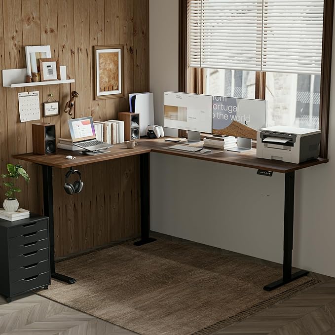 Agilestic L-Shaped Standing Desk Adjustable Height, Electric Corner Standing Desk, Sit Stand Up Desk, 75x61 inch Sit Stand Computer Table, Dark Walnut