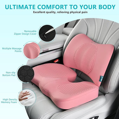 FLORICH Car Seat Cushion and Back Support for Office Chair Memory Foam Chair Cushions Pressure Relief Seat Pads with Gel Massage Point Lumbar Support(Light Pink)