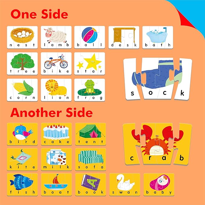 Self-Correcting Spelling Puzzles, Double-Sided Three and Four-Letter Word Spelling Cards with Picture Matching, 48 First Words Learning for Kindergarten Readiness, Preschool Ages 4+