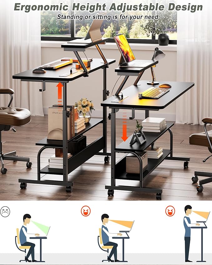 Height Adjustable Standing Desk with Power Outlets and LED Lights - 39" Manual Stand Up Desk with Monitor Stand and Storage Shelves Small Mobile Rolling Computer Desk Portable Laptop Table, Black