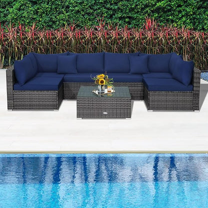 Tangkula 7 Piece Patio Wicker Furniture Set, Outdoor Rattan Sectional Sofa Set for 6 with Seat & Back Cushions, 2 Throw Pillows, Sofa Fastener Clips, for Backyard, Poolside, Deck and Garden (Navy)