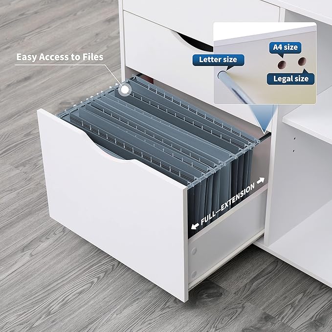 QDSSDECO 3-Drawer with Shelf Wood File Cabinet Mobile Lateral Filing Cabinet, with Rolling Wheel Printer Stand and Open Adjustable Storage Shelves, for Home Office, White