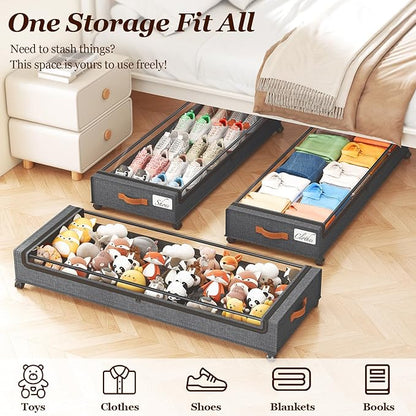 Yecaye Under Bed Storage with Wheels 2 Pack, 85L Extra Large Under Bed Storage Containers with Metal Frame & Clear Lid, Rolling Underbed Organizer Bins Drawers for Clothes, Shoes, Blankets, Hemp Grey