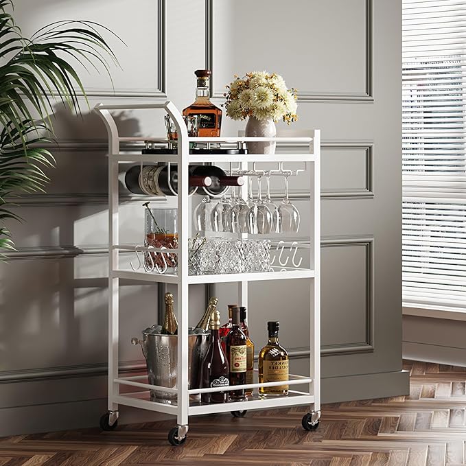 TUTOTAK Bar Cart, Home Bar Serving Cart with 3-Tier Mirrored Shelf, Mobile Kitchen Shelf, Rolling Beverage Cart, White BC01BW034