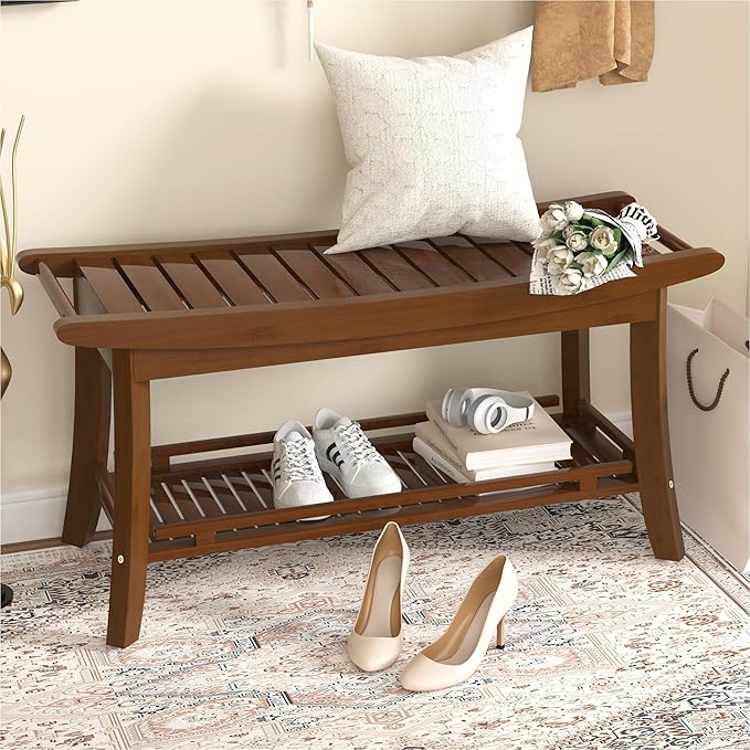 Bamboo Entryway Storage Bench with Shelves Shoe Rack Bench Seat Organizer for Porch Bedroom Bathroom Balcony 39 x 13 x 19.2 Inches Chestnut Brown