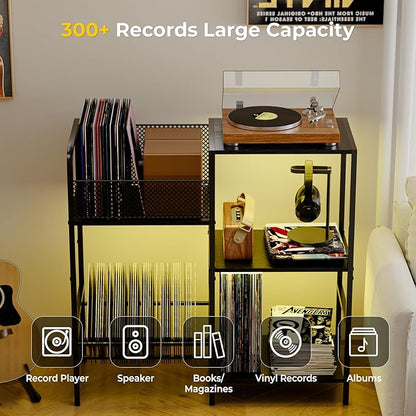 Record Player Stand with LED Light, Turntable Stand with Vinyl Storage - Up to 300+ Albums, 3-Tier Record Player Table Cabinet, Adjustable Shelf & V-Shaped Holder, Vinyl Display Shelf for Living Room