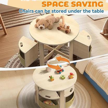 Toddler Table and Chair Set with 3 Storage Stools, Round Shaped Nesting Design, Kids Activity Table for Play/Art/Reading/Craft, Natural