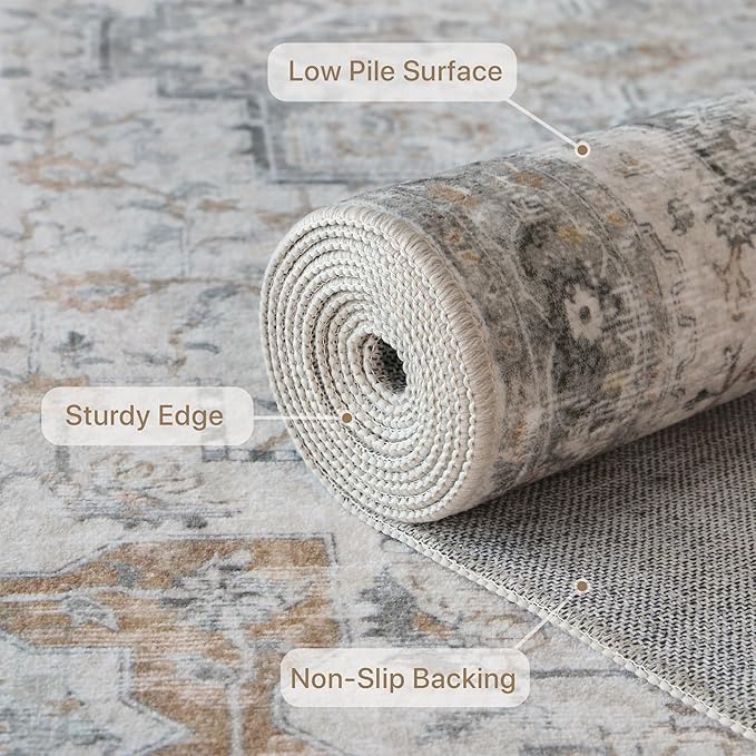 GENIMO 9FT Round Area Rugs for Living Room, Circle Rugs Machine Washable Low Pile, Chenille Non Slip Vintage Rug for Bedroom, Dining Room, Home Office, Light Taupe Brown