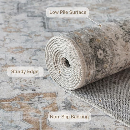 GENIMO 9FT Round Area Rugs for Living Room, Circle Rugs Machine Washable Low Pile, Chenille Non Slip Vintage Rug for Bedroom, Dining Room, Home Office, Light Taupe Brown