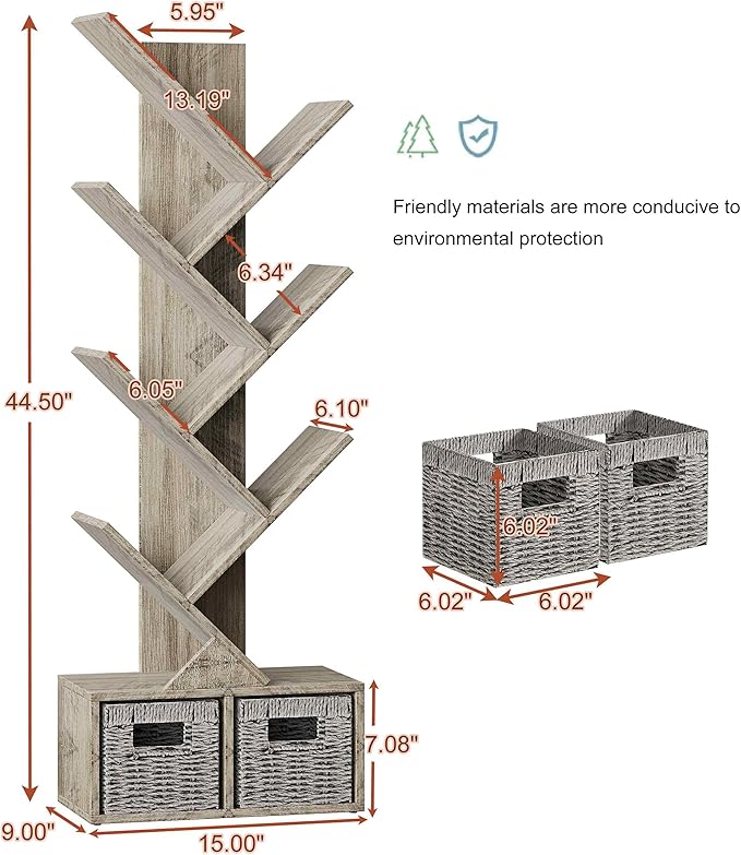 Vagusicc 6 Tier Tree Bookshelf, Small Bookcase with Storage Cabinet, Modern Tall Narrow Bookshelves Organizer, Floor Standing Book Shelf for Bedroom/Living Room/Home Office/Corner, Rustic Greige