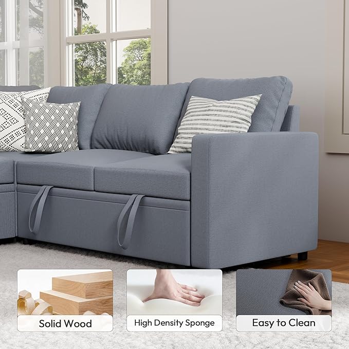 Sleeper Sofa Bed, Modular Sectional Couch with Pull Out Bed, L Shaped Sectional Convertible SofaBed with Storage Seat, for Living Room Apartment Bedroom Office Gray Linen