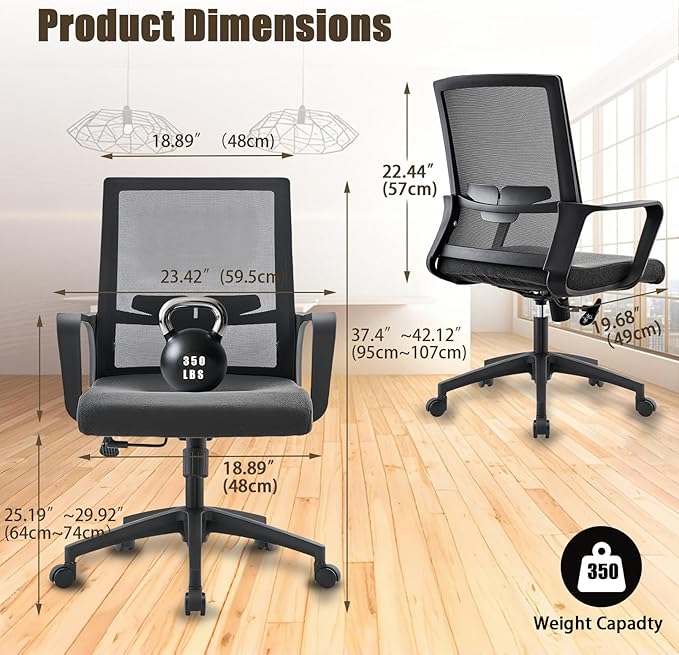 Office Chair ergonomically Designed with Breathable mesh backrest and Lumbar Support Adjustable Height Suitable for Offices Homes bedrooms Study Rooms Black