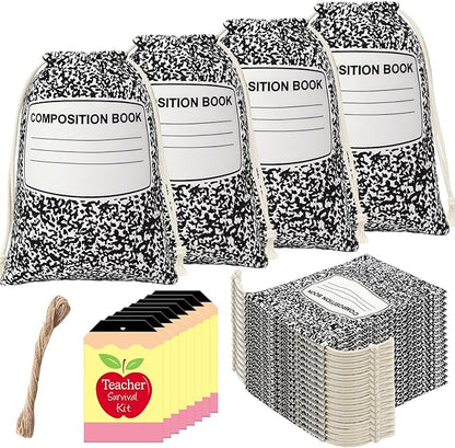 Sweetude 24 Set Teacher Appreciation Gifts Drawstring Bags Composition Notebook Bags with Tags Teacher Supplies Survival Kit Thank You Canvas Gift Wrap for Holiday Graduation Birthday Party