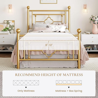 SHA CERLIN 14 Inches Twin Size Metal Platform Bed Frame/Vintage Iron-Art Headboard and Footboard/Mattress Foundation/No Box Spring Needed/Noise-Free/Easy Assembly/Gold