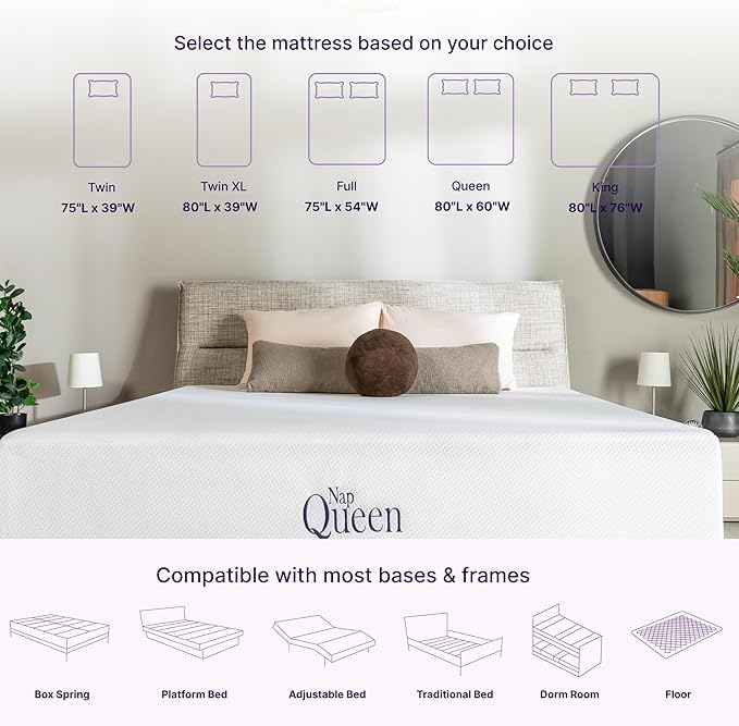 NapQueen 10 Inch Twin-XL Size Mattress, Bamboo Charcoal Memory Foam Mattress, Bed in a Box, White