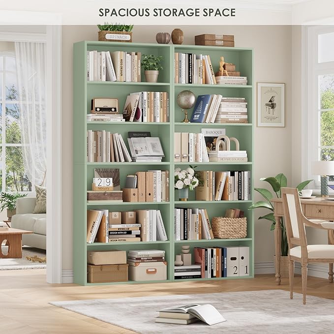 FOTOSOK 6-Tier Open Bookcase and Bookshelf, Freestanding Display Storage Shelves Tall Bookcase for Bedroom, Living Room and Office, Green