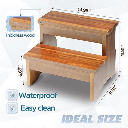 Wooden Two Step Stool, Heavy Duty 2-Step Ladder for Adults & Kids, Supports up to 450lbs for Kitchen, Bathroom or Bedside Use (Acacia Wood)
