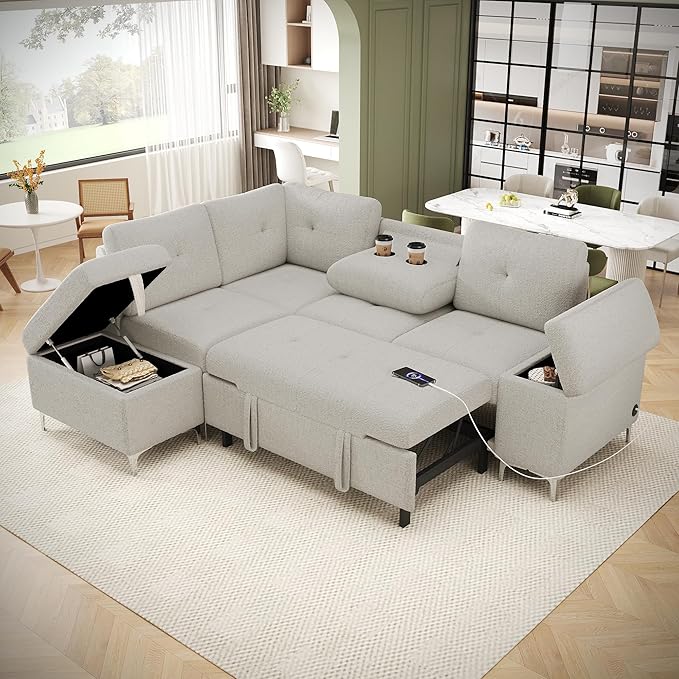 Ball & Cast 88.2" L-Shaped Sectional Pull Out Sofa with Ample Storage Space,Versatile Convertible Couch w/Two Cup Holders and Two USB Ports,Movable Storage Ottoman,for Living Room,Apartment,Beige