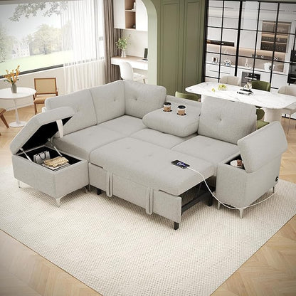 Ball & Cast 88.2" L-Shaped Sectional Pull Out Sofa with Ample Storage Space,Versatile Convertible Couch w/Two Cup Holders and Two USB Ports,Movable Storage Ottoman,for Living Room,Apartment,Beige