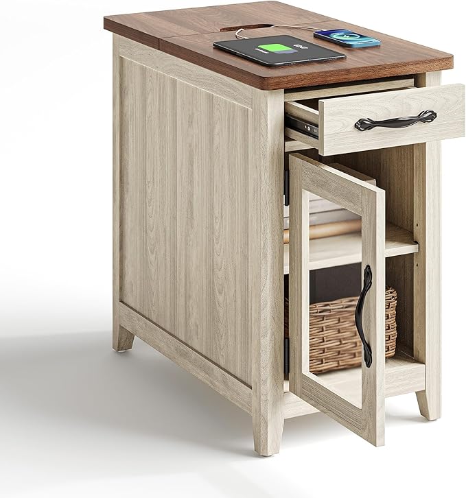 LINSY HOME End Table Set of 2 with Charging Station, Modern Farmhouse Sofa Couch Side Table, Wooden Bedside Table for Living Room, Slim Nightstand with Storage Cabinet for Small Space, Glass Door