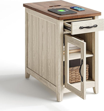 LINSY HOME End Table Set of 2 with Charging Station, Modern Farmhouse Sofa Couch Side Table, Wooden Bedside Table for Living Room, Slim Nightstand with Storage Cabinet for Small Space, Glass Door
