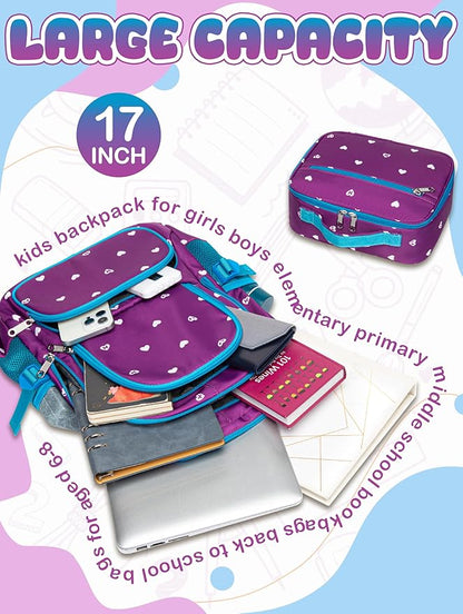 BLUEFAIRY Kids Backpack with Lunch Box for Girls Boys Elementary Primary Middle School Bag with Lunch Bag Set 17 Inch Bookbag Mochilas Escolares para Niñas Niños (Hearts, Purple)