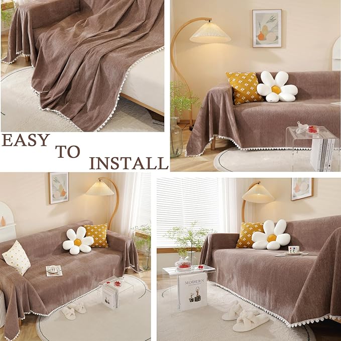 HANDONTIME Brown Sofa Covers Simple Couch Cover for Pet White Floral Couch Cushion Covers for L Shape Chocolate Sofa Throw Cover Sectional Couch Covers for Living Room Machine Washable, 71" X134"