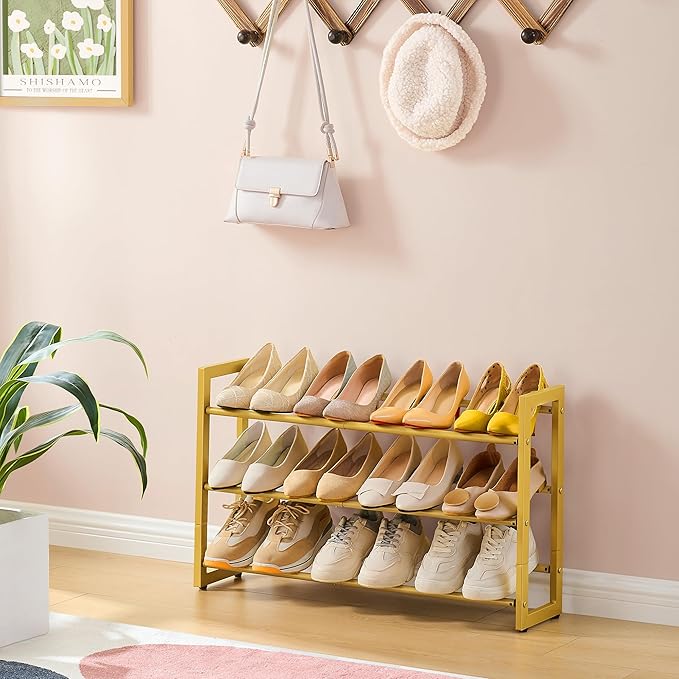 FAVOOSTY 3-Tier Expandable Shoe Rack, Adjustable Shoe Shelf Storage Organizer Space Saving Metal Free Standing Shoe Rack for Entryway Closet Doorway, Gold
