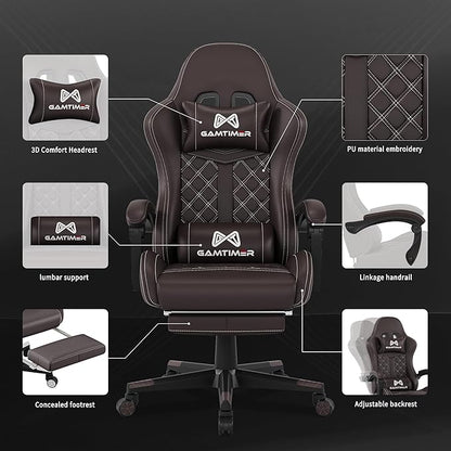 Gaming Chair, 400 lbs Adult Chair, High Back Computer Chair with Footrest and Linked Armrests, Office Video Game Chair with Lumbar Support (Brown)