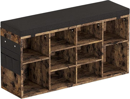 IDEALHOUSE Shoe Storage Bench with Cushion, 10 Cubbies Storage Rack Bench with Padded Seat, 41" Cubby Seat Shoe Cabinet with Adjustable Shelf for Entryway Hallway Living Room, Rustic Brown