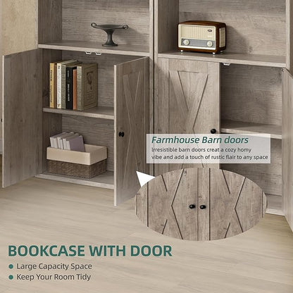 Shintenchi Bookshelf, Industrial Bookshelves and Bookcases with Doors Floor Standing 6 Shelf Display Storage Shelves 70.6 inches Tall Bookcase for Home Office, Living Room (Grey)