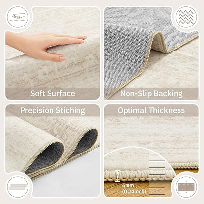 9x12 Area Rugs for Living Room, Washable Vintage Floral Non-Slip Low Pile Natural Rug Soft Throw Large Carpet for Dining Room Bedroom Farmhouse Home Office (Beige/Cream, 9'x12')