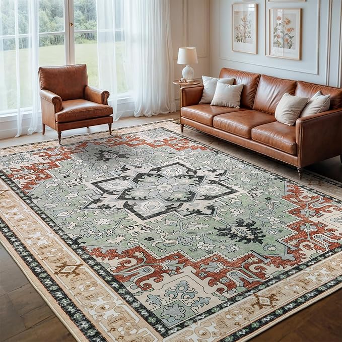 8x10 Area Rugs, Large Area Rug for Living Room, Floral Washable Area Rug for Bedroom, Office, Dining Room, Non-Slip Vintage Boho Rug, Low-Pile Soft Carpet, Traditional Oriental Style, Beige Orange