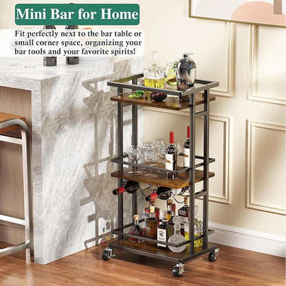 3-Tier Liquor Cabinet with Wine Rack, Mini Bar Cart for Home, Small Liquor Bar for Alcohol, Rolling Kitchen Serving Cart on Wheels, Wine Drink Cart for Party, Bar Stand for Small Space