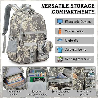School Backpack for Boys - 5pcs Camo Boys Backpack with Lunch Box Set for Kids Teens Elementary Middle High School,18″ Large Capacity Students Bookbag