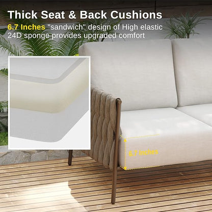 EAST OAK Life Chatter Patio Furniture Set, Outdoor Furniture Sectional Sofa Set with Round Coffee Table, 4 Seats Sofa Deep Seating with Thick & Washable Cushions, Chestnut Brown & Creamy Apricot