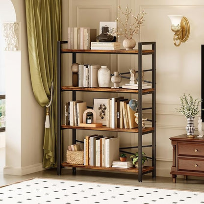 4 Tier Bookshelf 31.49" Width, Tall Book Shelf Storage and Organization, Wooden and Metal Industrial Bookcase, Large Book Shelves for Home Living Room Bedroom Office Storage(Vintage)