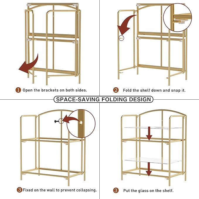 Crofy No Assembly Folding Bookshelf for Living Room, 2 Tier Gold Collapsible Book Shelf for Home Office, Portable Bookcase Storage Organizer