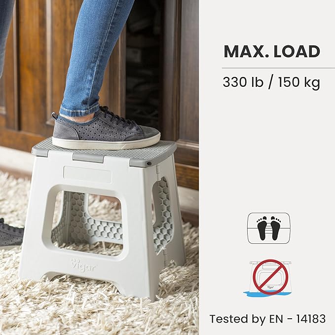 Vigar Compact Step Stool Foldable, 9-inch Step Stools for Adults up to 330 Pound, Lightweight Stool, Non-Slip Folding Step Stool, Gray